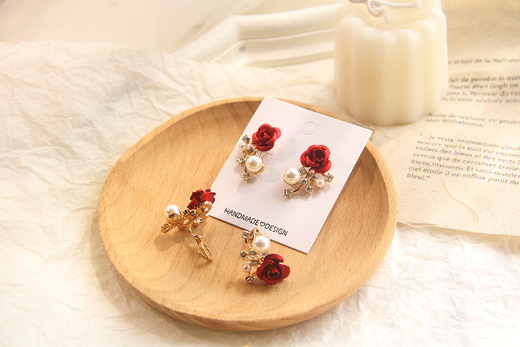 Rose Rhinestone Flower Pearl Earrings