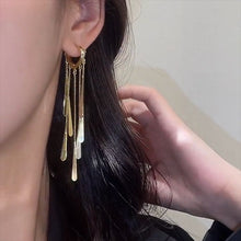 Load image into Gallery viewer, Exaggerated Metal Tab Long Fringe Earrings