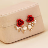 Rose Rhinestone Flower Pearl Earrings